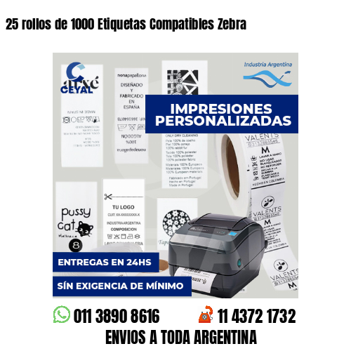 25 rollos de 1000 Etiquetas Compatibles Zebra 