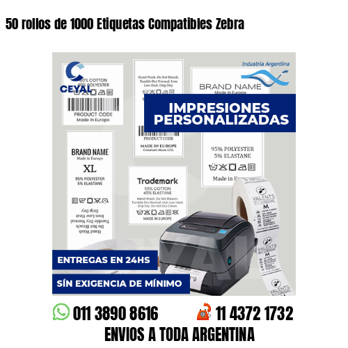 50 rollos de 1000 Etiquetas Compatibles Zebra 