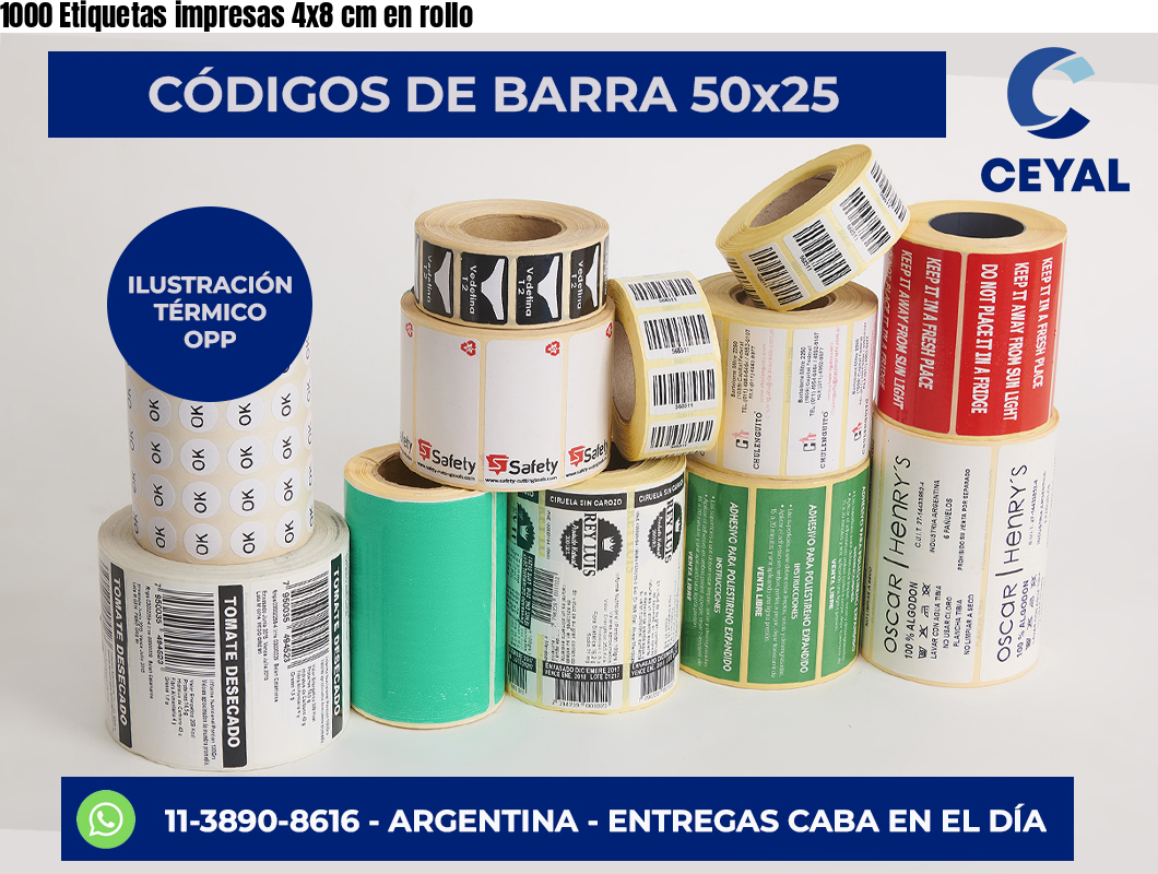 1000 Etiquetas impresas 4×8 cm en rollo