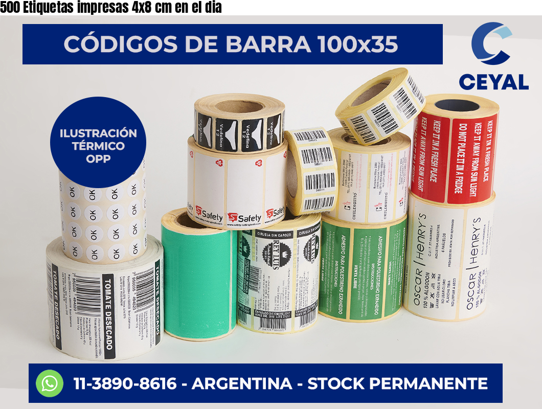 500 Etiquetas impresas 4×8 cm en el dia