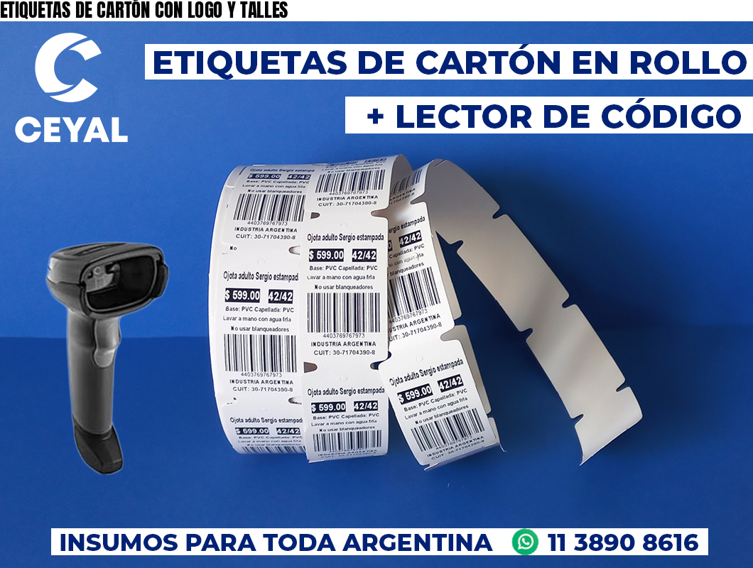 ETIQUETAS DE CARTÓN CON LOGO Y TALLES