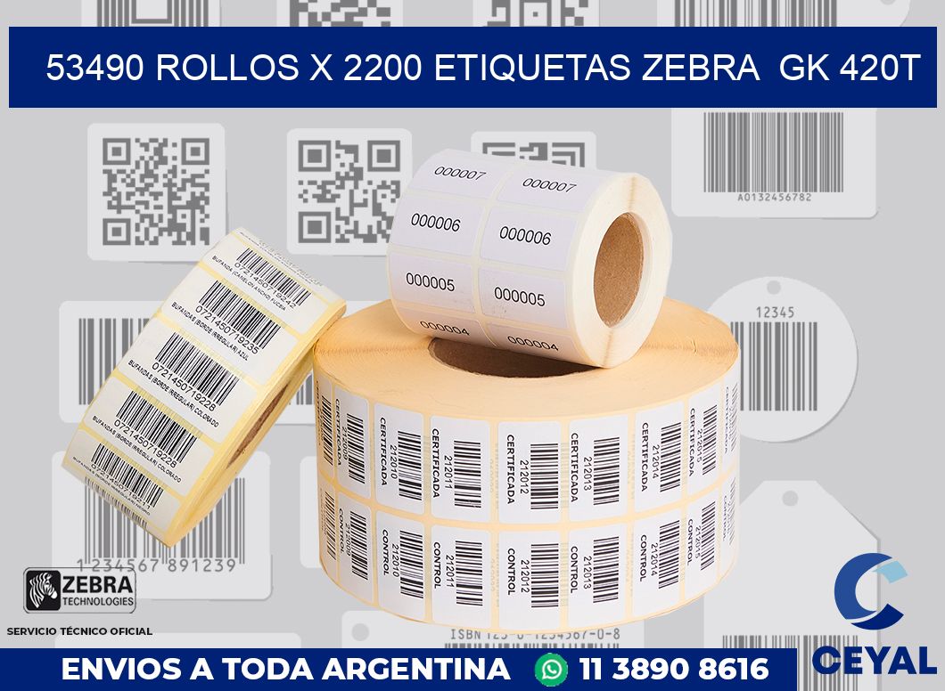 53490 Rollos x 2200 etiquetas zebra  gk 420t
