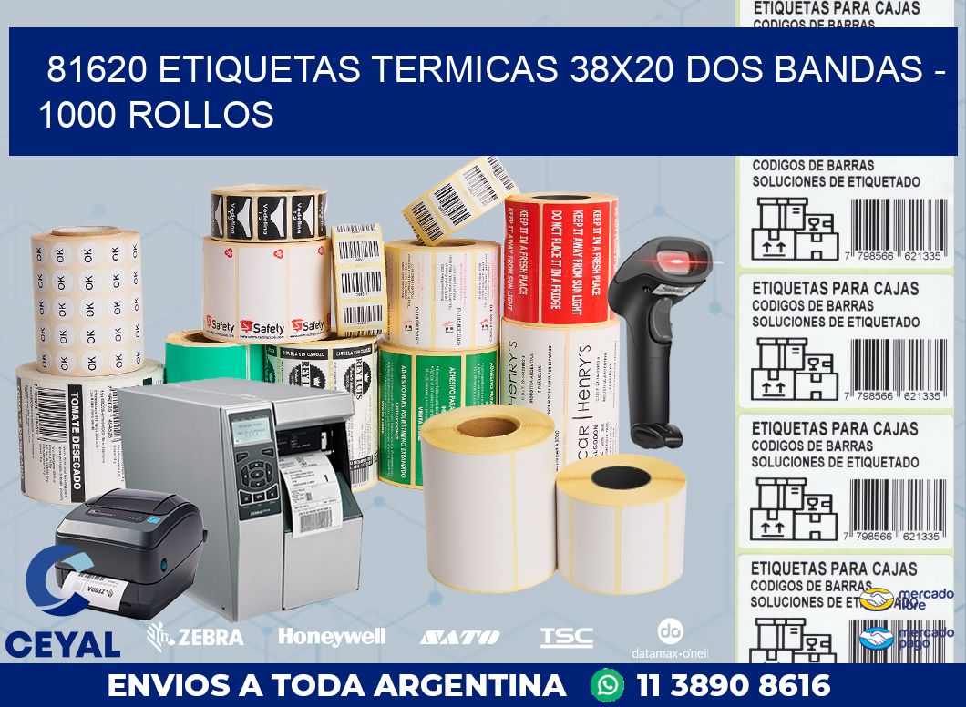 81620 ETIQUETAS TERMICAS 38X20 DOS BANDAS - 1000 ROLLOS