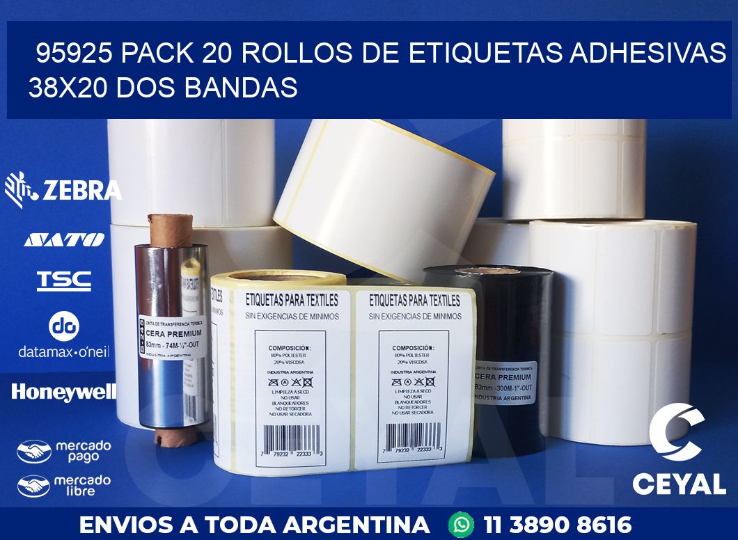 95925 PACK 20 ROLLOS DE ETIQUETAS ADHESIVAS 38X20 DOS BANDAS