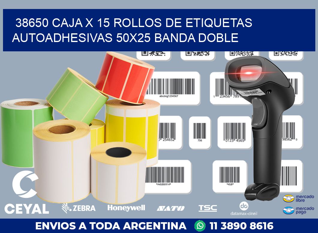 38650 CAJA X 15 ROLLOS DE ETIQUETAS AUTOADHESIVAS 50X25 BANDA DOBLE