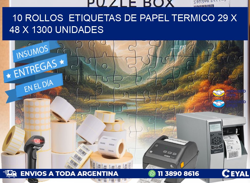 10 ROLLOS  ETIQUETAS DE PAPEL TERMICO 29 x 48 X 1300 UNIDADES