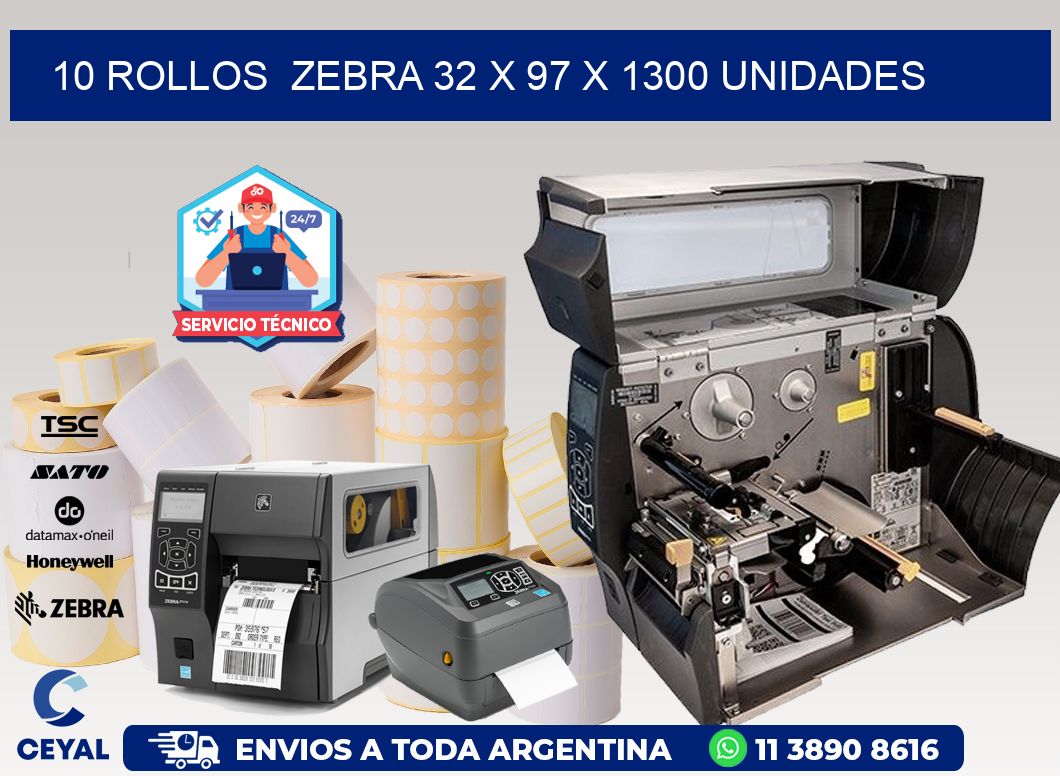 10 ROLLOS  ZEBRA 32 x 97 X 1300 UNIDADES