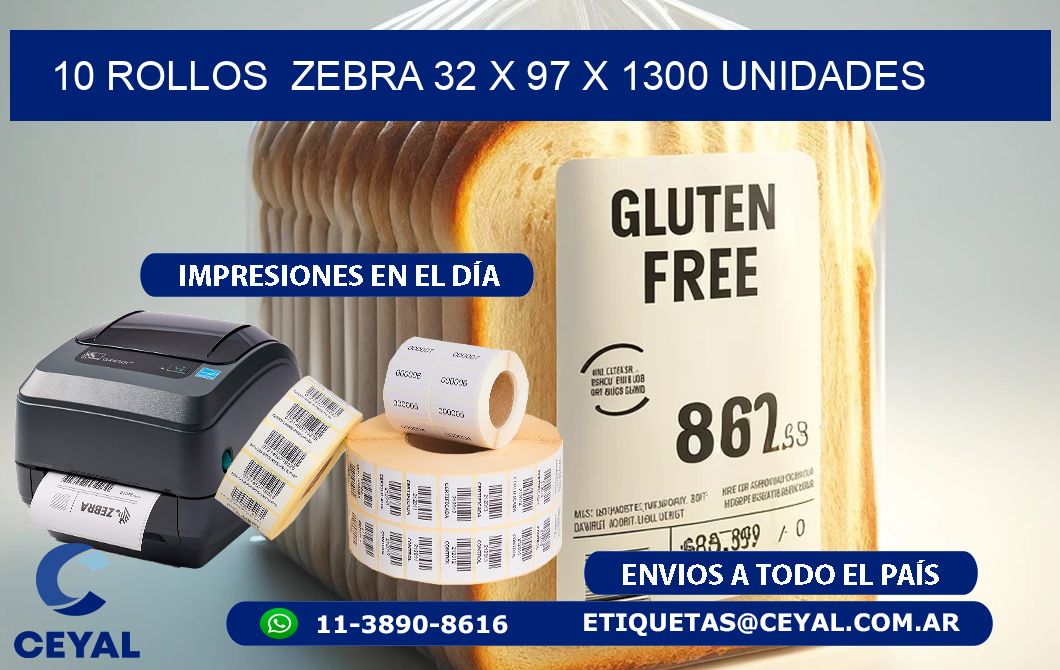 10 ROLLOS  ZEBRA 32 x 97 X 1300 UNIDADES