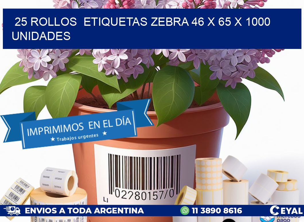 25 ROLLOS  ETIQUETAS ZEBRA 46 x 65 X 1000 UNIDADES