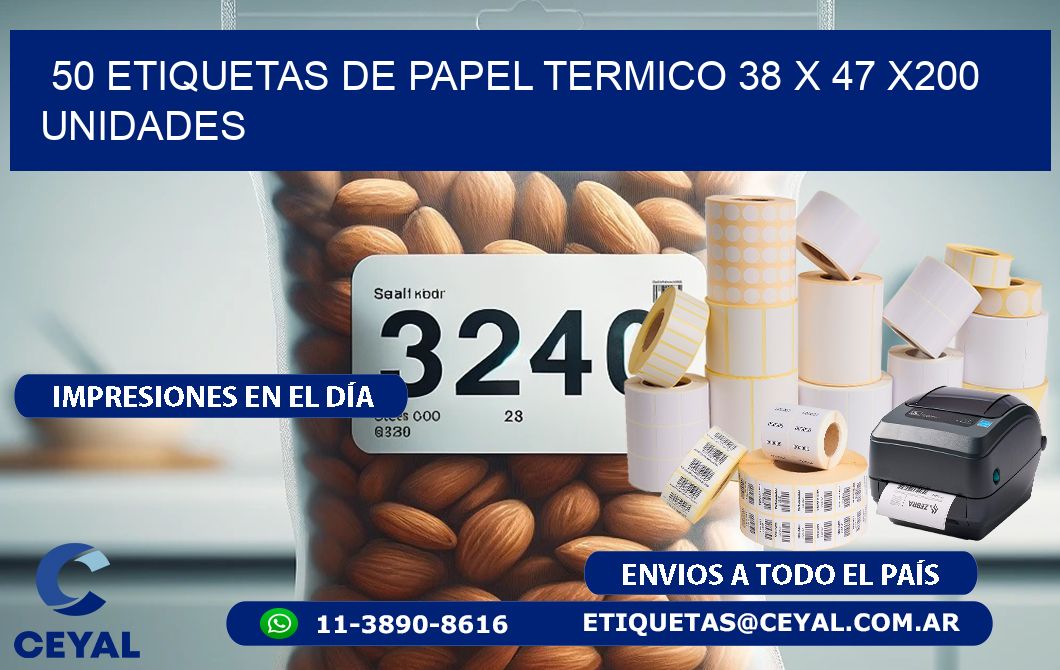 50 ETIQUETAS DE PAPEL TERMICO 38 x 47 x200 UNIDADES