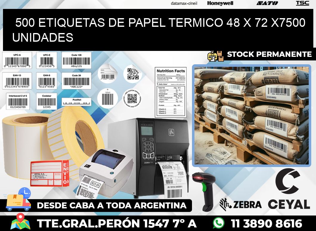 500 ETIQUETAS DE PAPEL TERMICO 48 x 72 X7500 UNIDADES