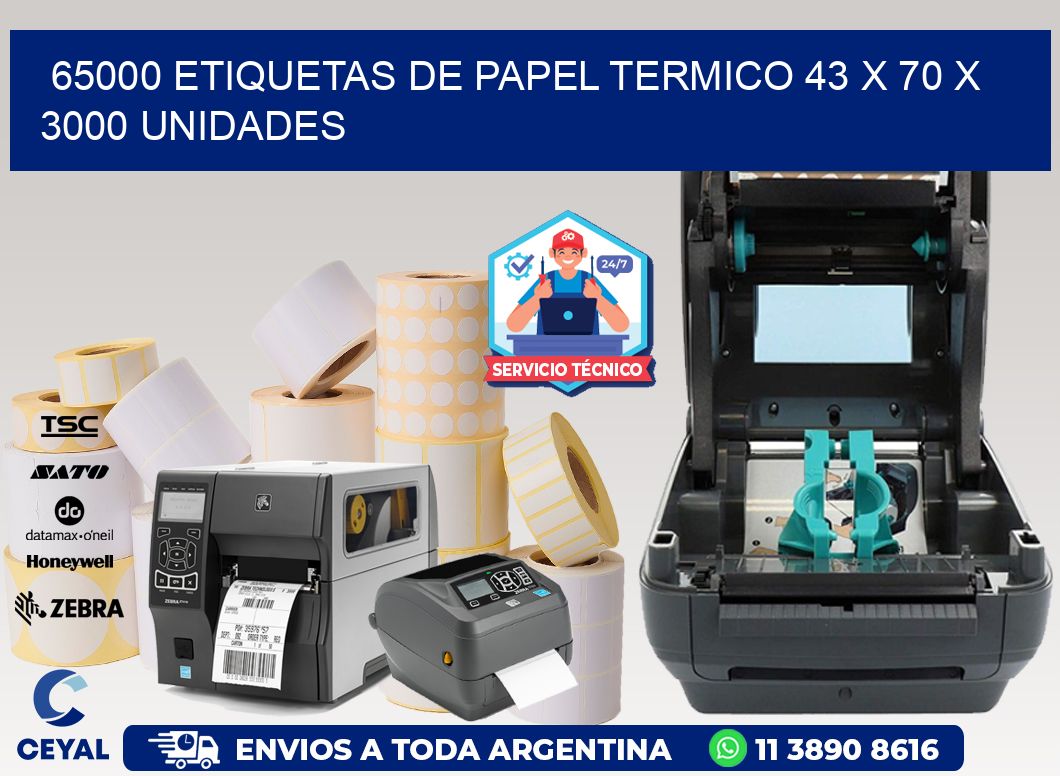65000 ETIQUETAS DE PAPEL TERMICO 43 x 70 X 3000 UNIDADES