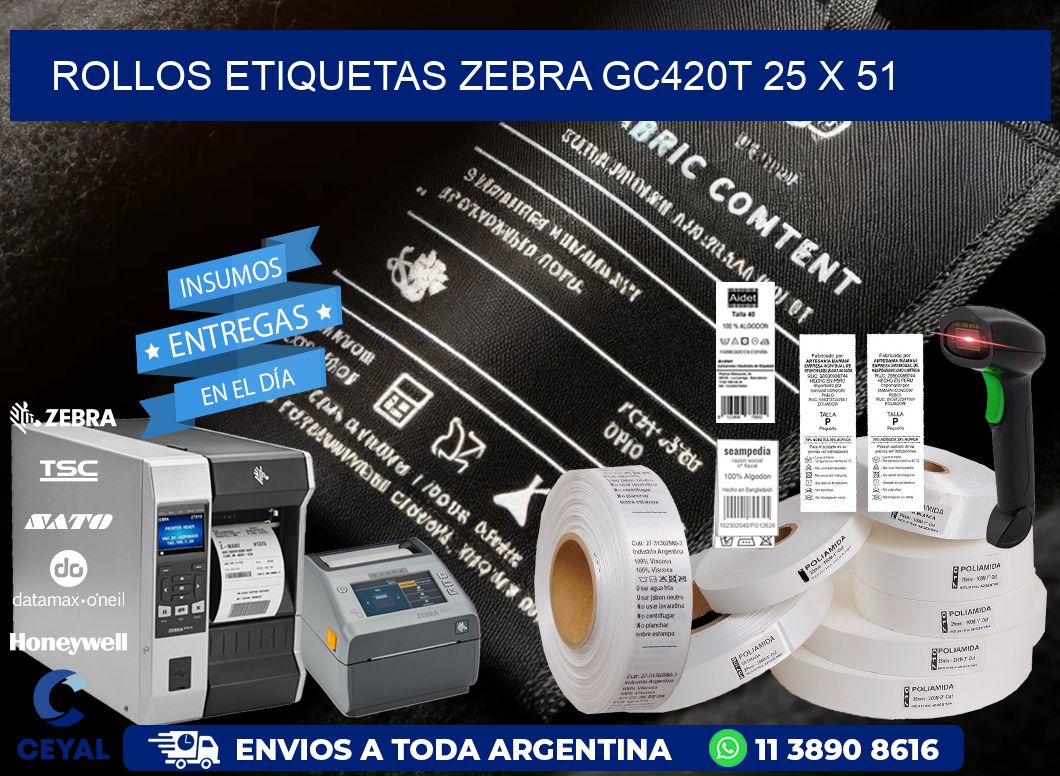 ROLLOS ETIQUETAS Zebra GC420T 25 x 51