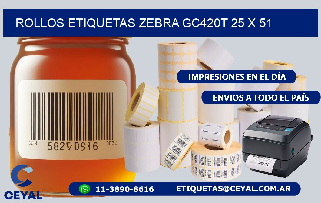 ROLLOS ETIQUETAS Zebra GC420T 25 x 51