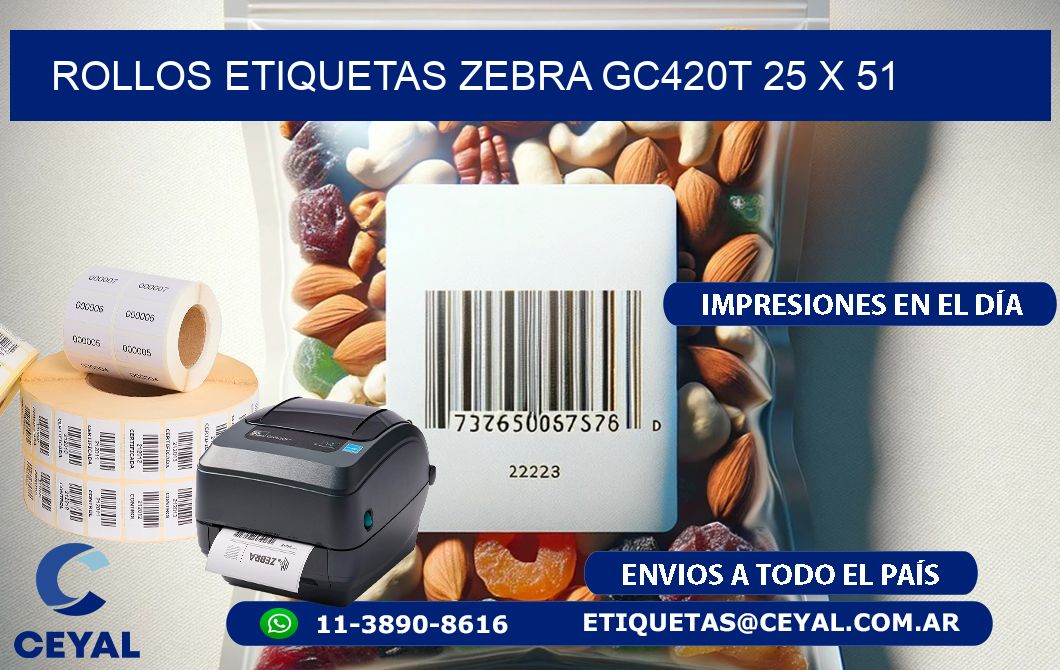 ROLLOS ETIQUETAS Zebra GC420T 25 x 51