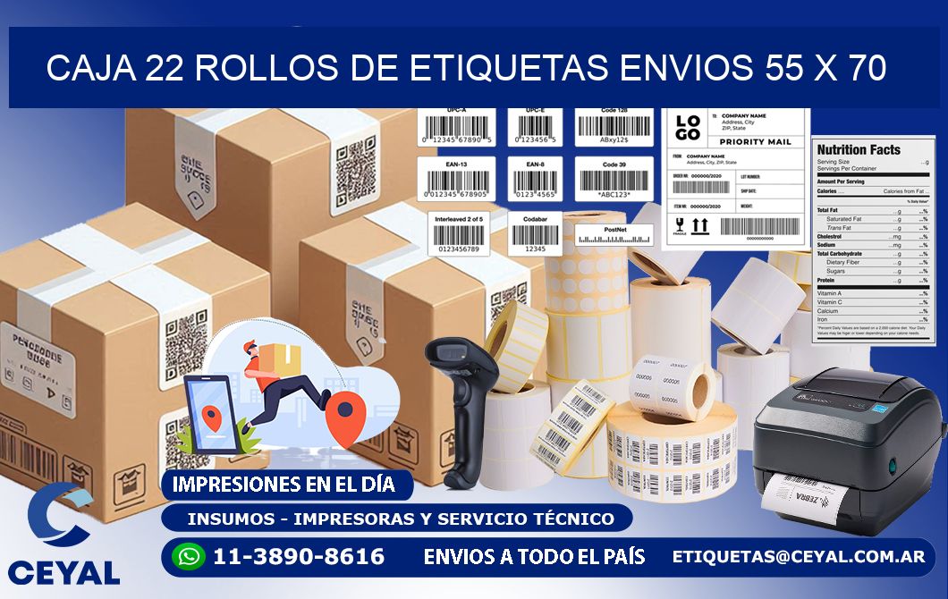 CAJA 22 ROLLOS DE ETIQUETAS ENVIOS 55 x 70