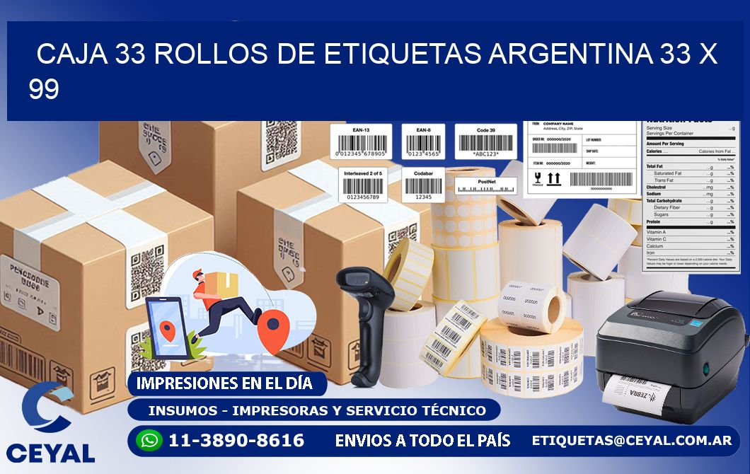 CAJA 33 ROLLOS DE ETIQUETAS ARGENTINA 33 x 99