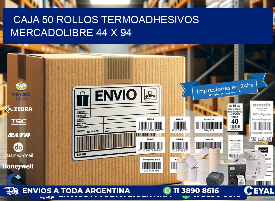 CAJA 50 ROLLOS TERMOADHESIVOS MERCADOLIBRE 44 x 94