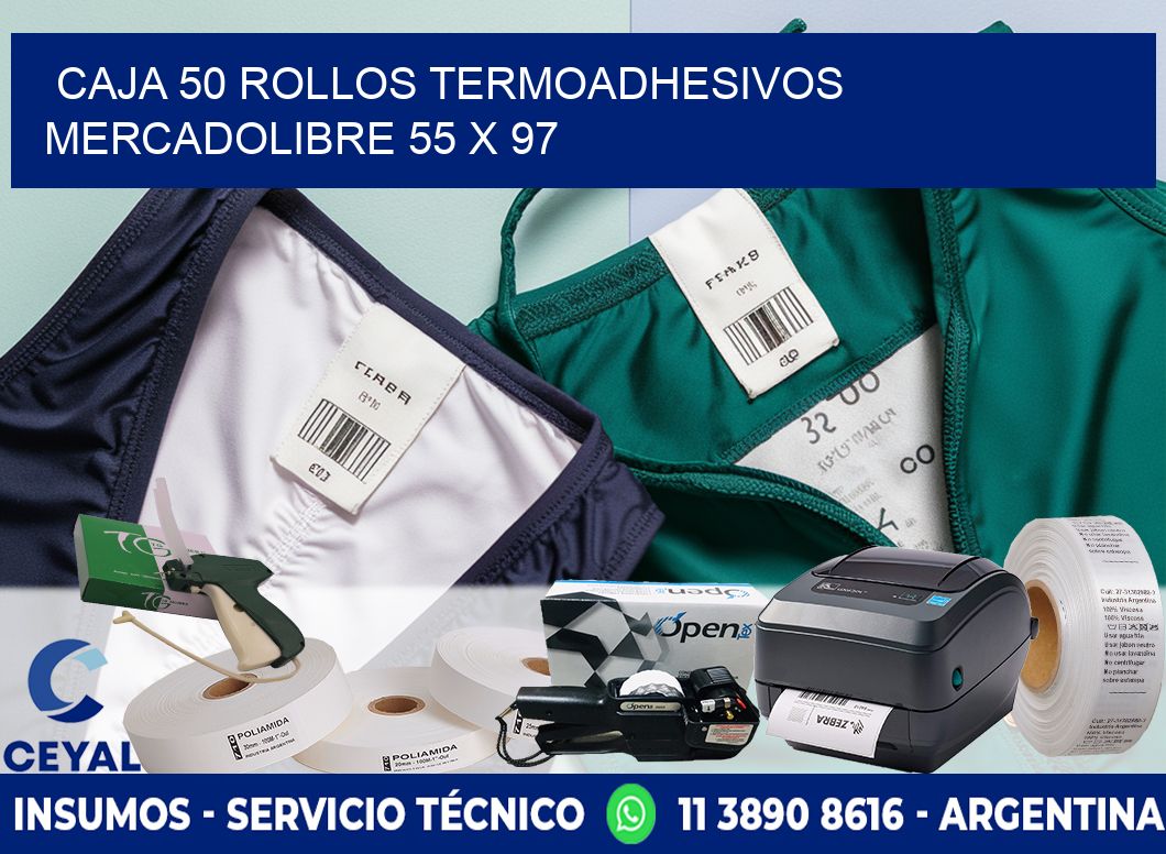 CAJA 50 ROLLOS TERMOADHESIVOS MERCADOLIBRE 55 x 97