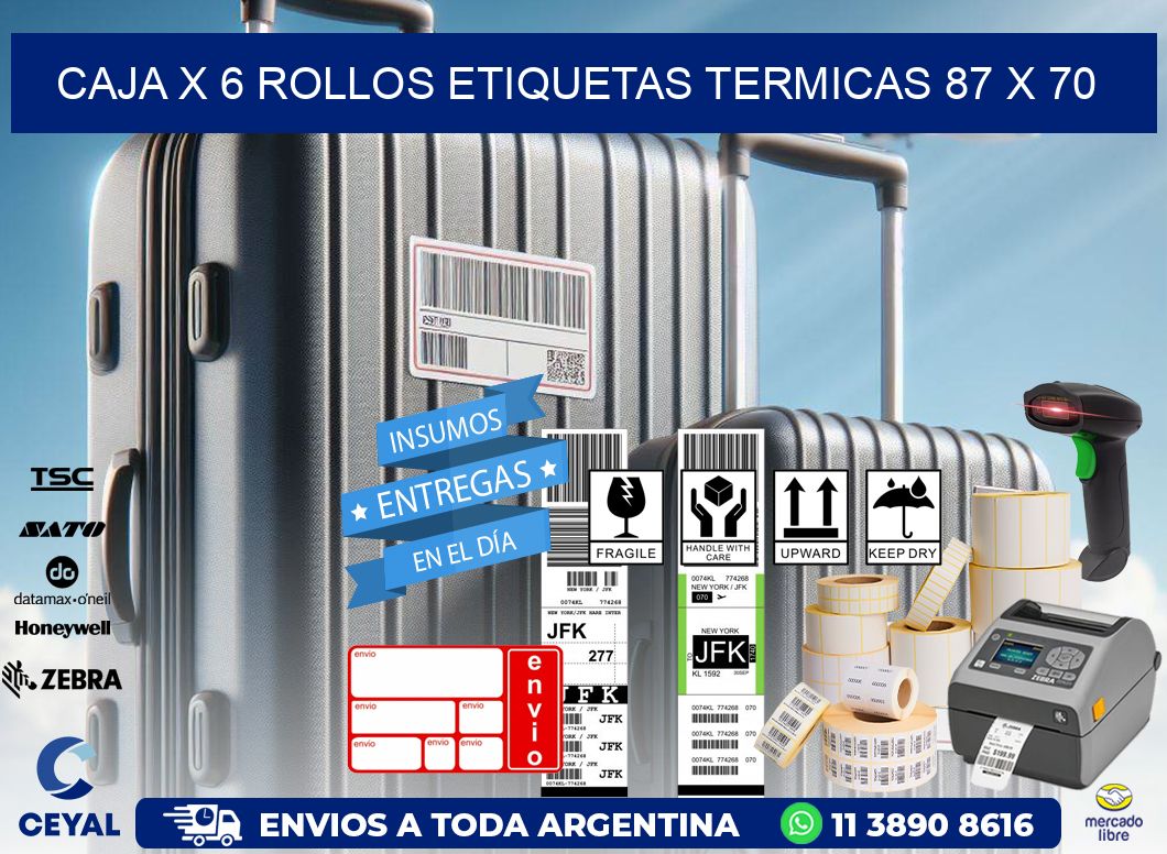 Caja X 6 Rollos Etiquetas termicas 87 x 70