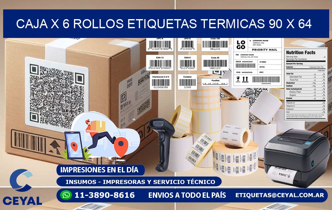 Caja X 6 Rollos Etiquetas termicas 90 x 64