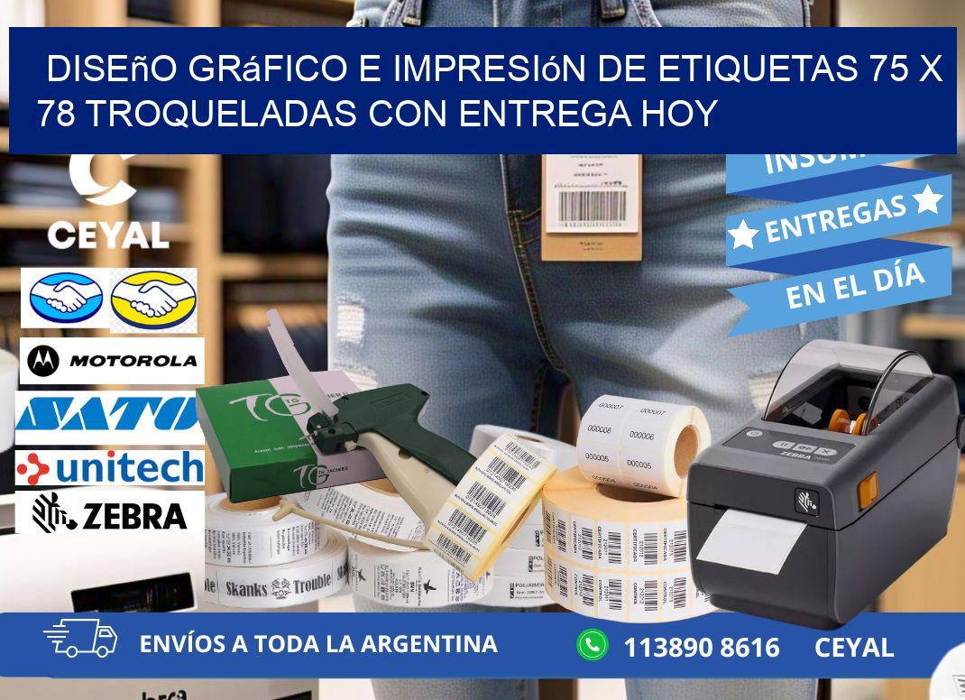 Diseño gráfico e impresión de etiquetas 75 x 78 troqueladas con entrega hoy