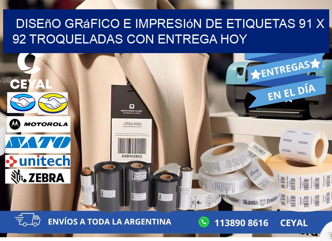 Diseño gráfico e impresión de etiquetas 91 x 92 troqueladas con entrega hoy