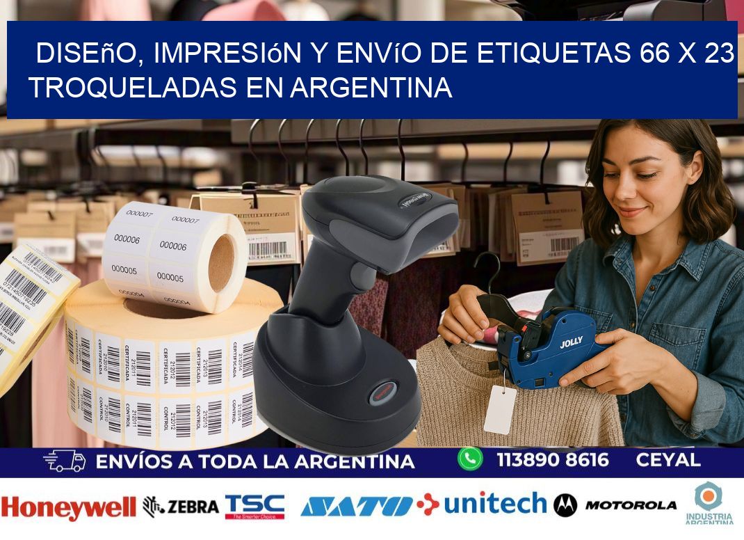 Diseño, impresión y envío de etiquetas 66 x 23 troqueladas en Argentina
