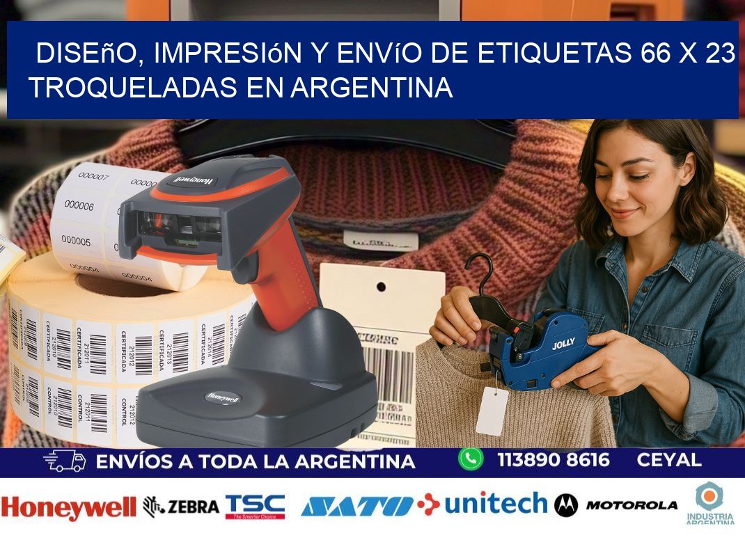 Diseño, impresión y envío de etiquetas 66 x 23 troqueladas en Argentina