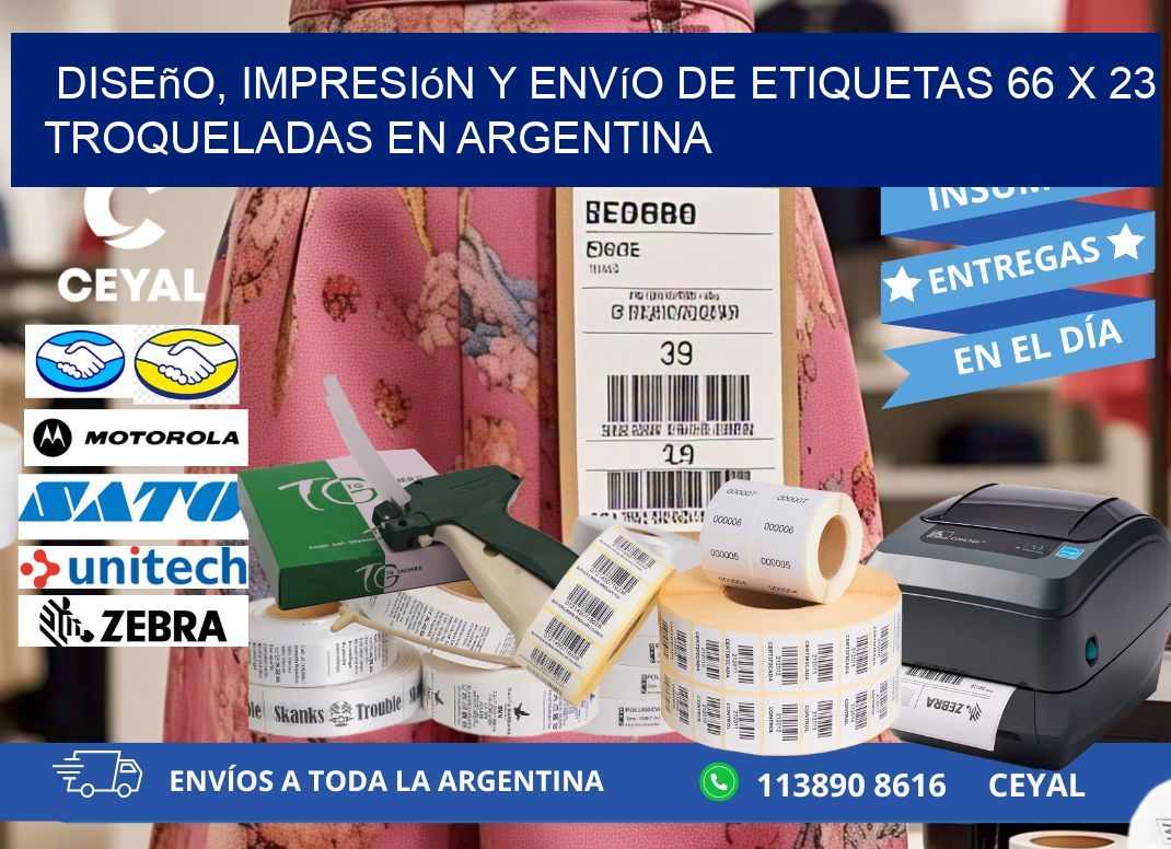 Diseño, impresión y envío de etiquetas 66 x 23 troqueladas en Argentina