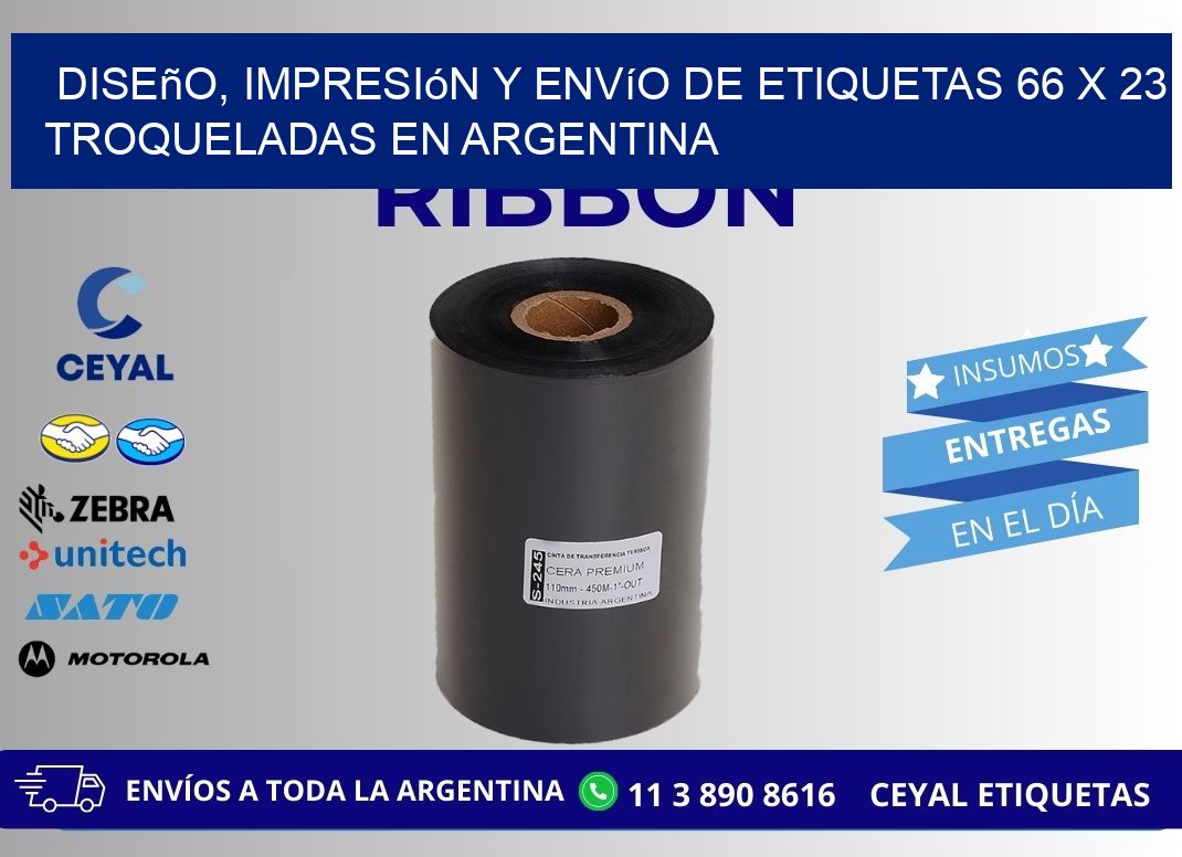 Diseño, impresión y envío de etiquetas 66 x 23 troqueladas en Argentina