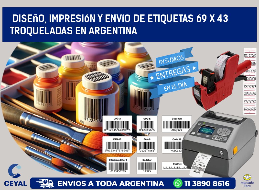 Diseño, impresión y envío de etiquetas 69 x 43 troqueladas en Argentina