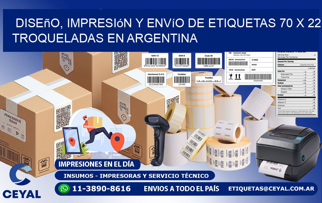 Diseño, impresión y envío de etiquetas 70 x 22 troqueladas en Argentina