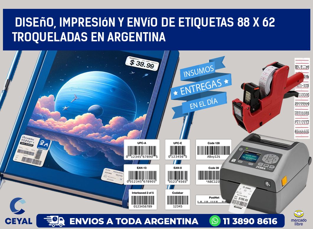 Diseño, impresión y envío de etiquetas 88 x 62 troqueladas en Argentina