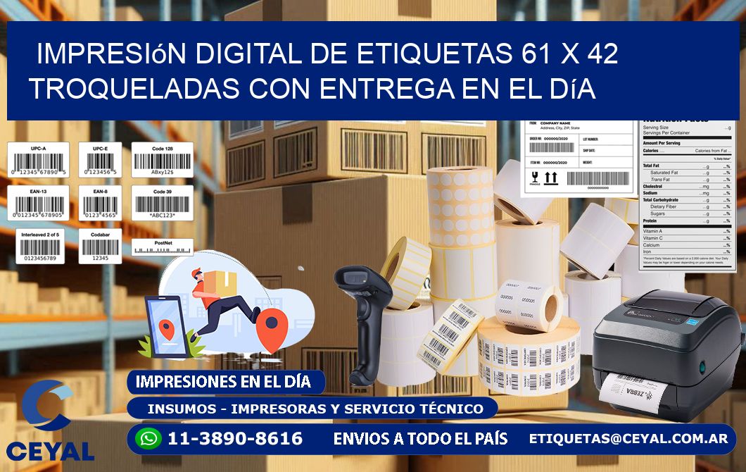 Impresión digital de etiquetas 61 x 42 troqueladas con entrega en el día
