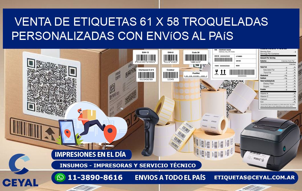 Venta de etiquetas 61 x 58 troqueladas personalizadas con envíos al país