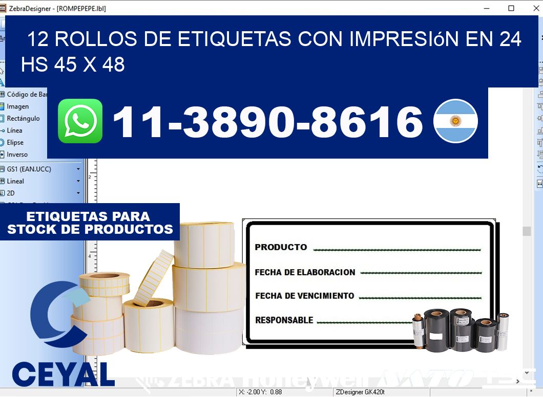 12 rollos de etiquetas con impresión en 24 hs 45 x 48