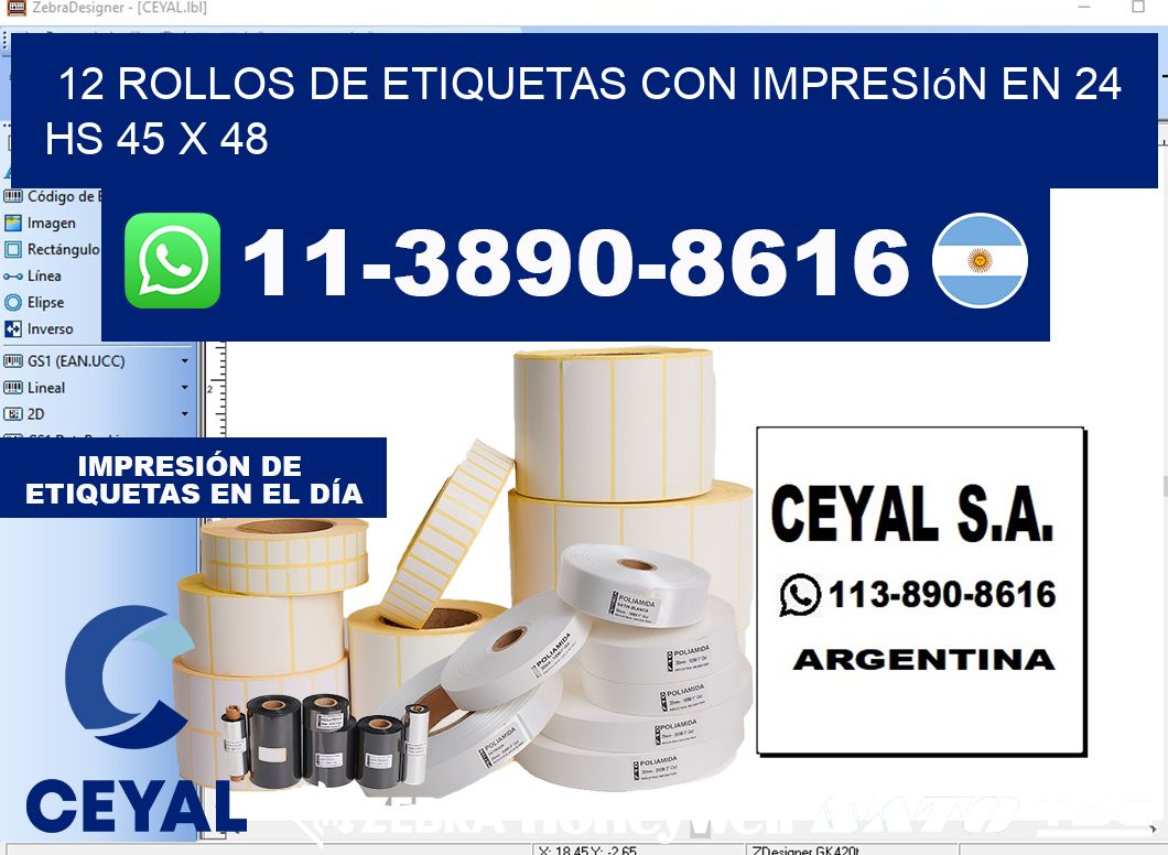12 rollos de etiquetas con impresión en 24 hs 45 x 48