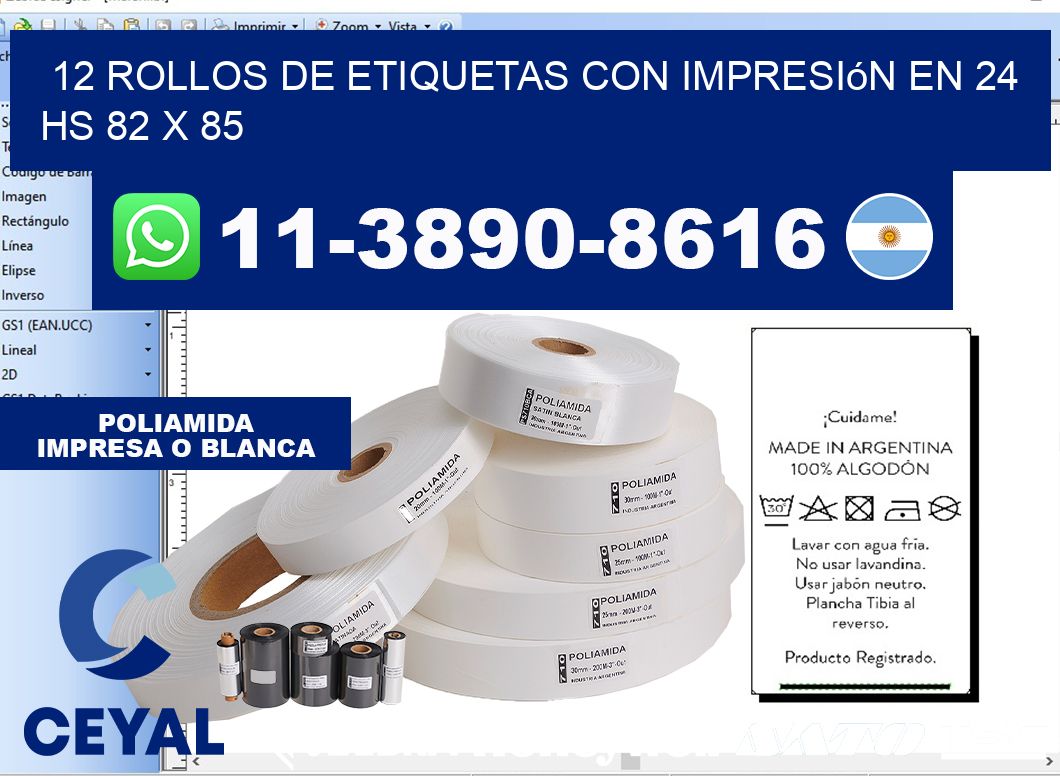 12 rollos de etiquetas con impresión en 24 hs 82 x 85