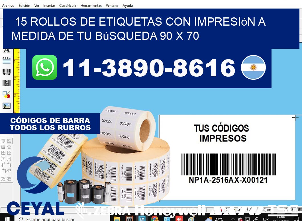 15 rollos de etiquetas con impresión a medida de tu búsqueda 90 x 70