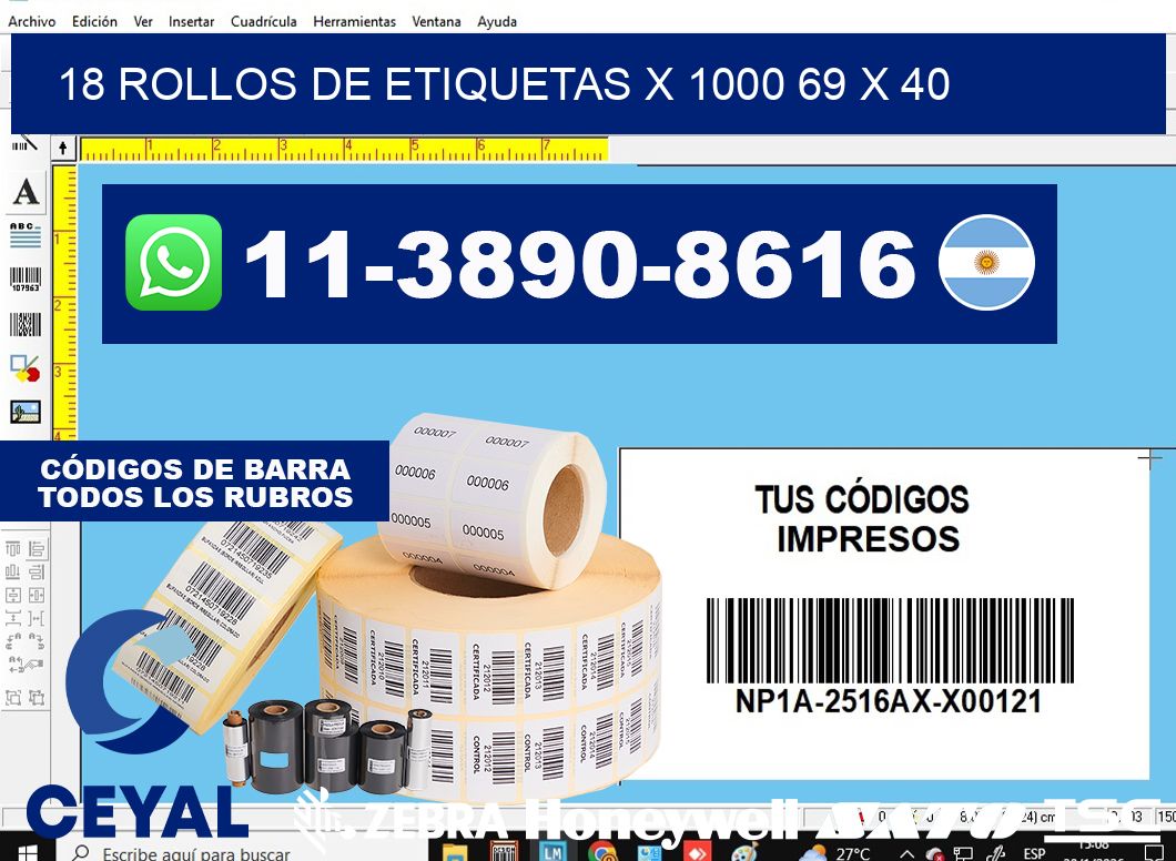 18 rollos de etiquetas x 1000 69 x 40