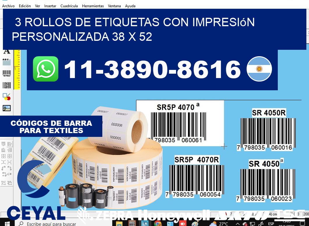 3 rollos de etiquetas con impresión personalizada 38 x 52