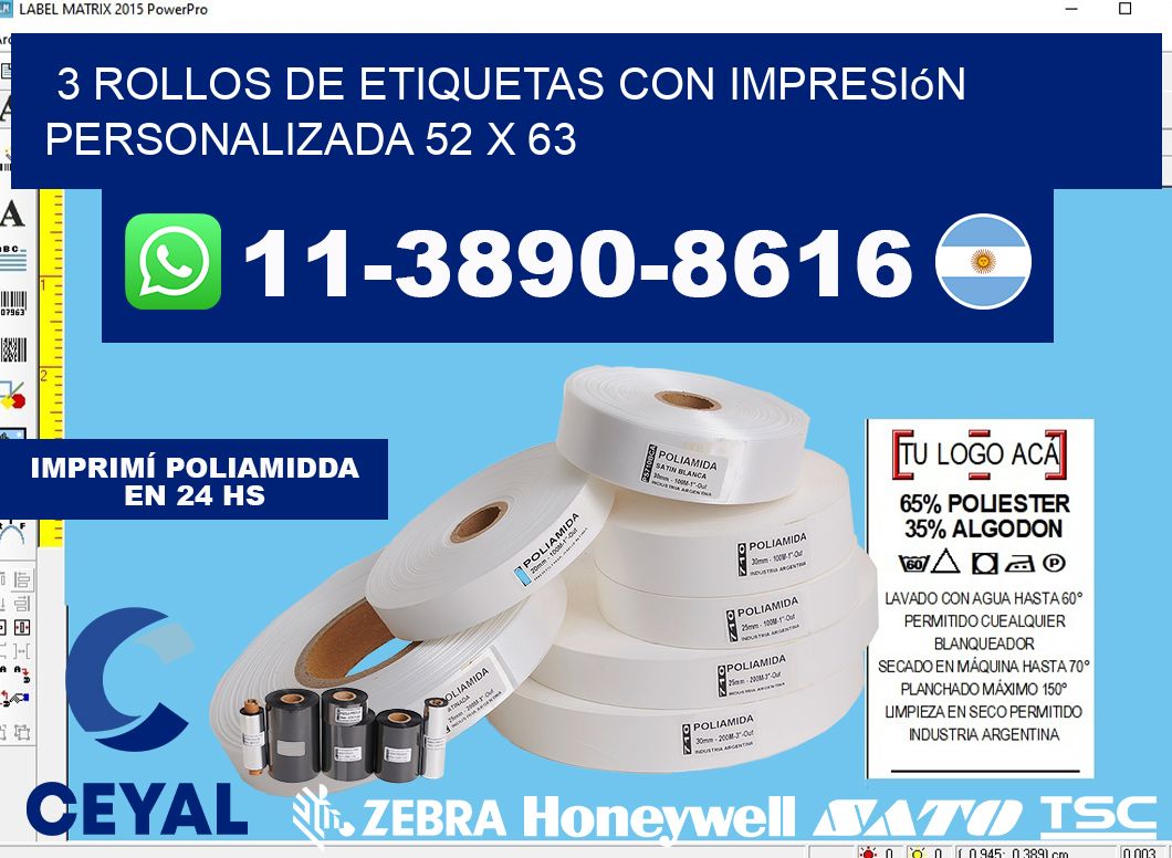 3 rollos de etiquetas con impresión personalizada 52 x 63