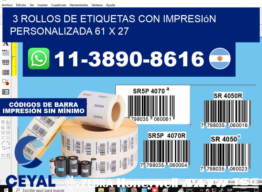 3 rollos de etiquetas con impresión personalizada 61 x 27