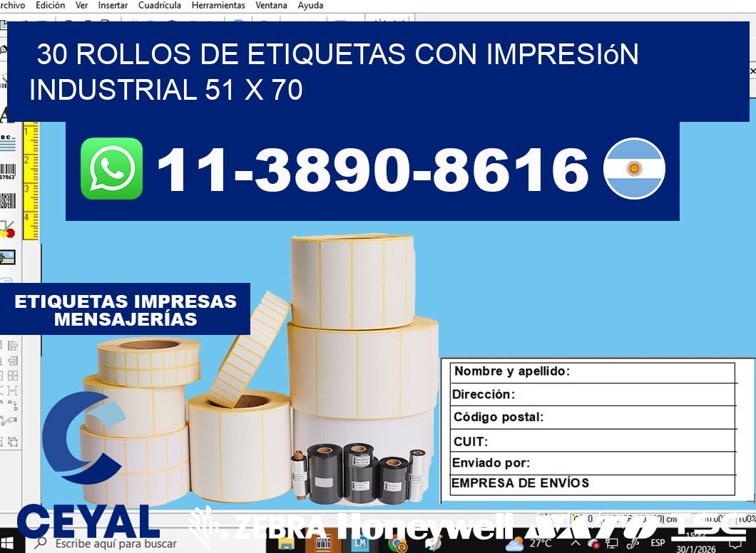 30 rollos de etiquetas con impresión industrial 51 x 70