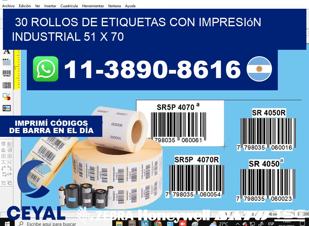 30 rollos de etiquetas con impresión industrial 51 x 70