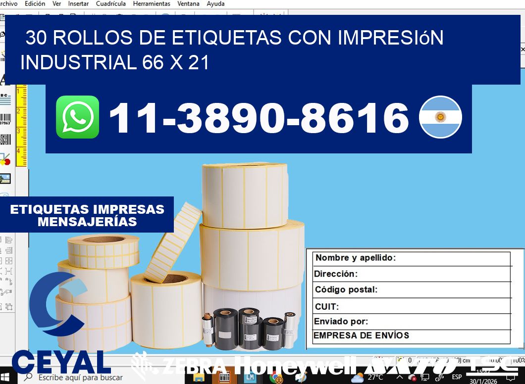30 rollos de etiquetas con impresión industrial 66 x 21
