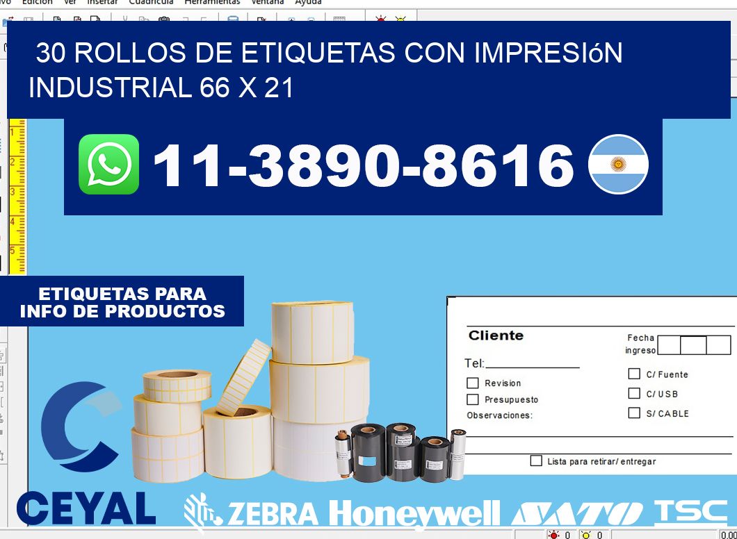 30 rollos de etiquetas con impresión industrial 66 x 21