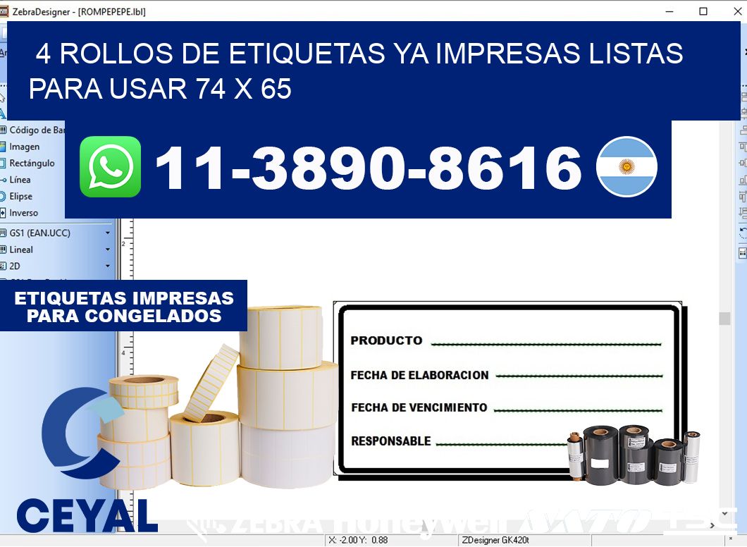 4 rollos de etiquetas ya impresas listas para usar 74 x 65
