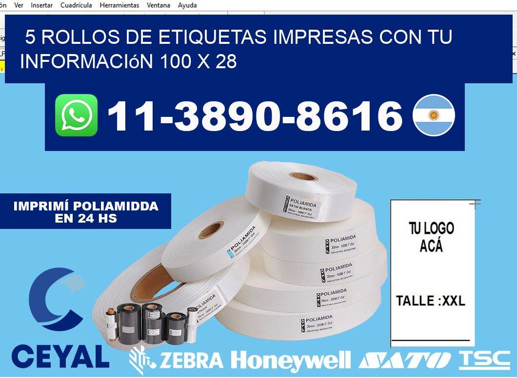 5 rollos de etiquetas impresas con tu información 100 x 28